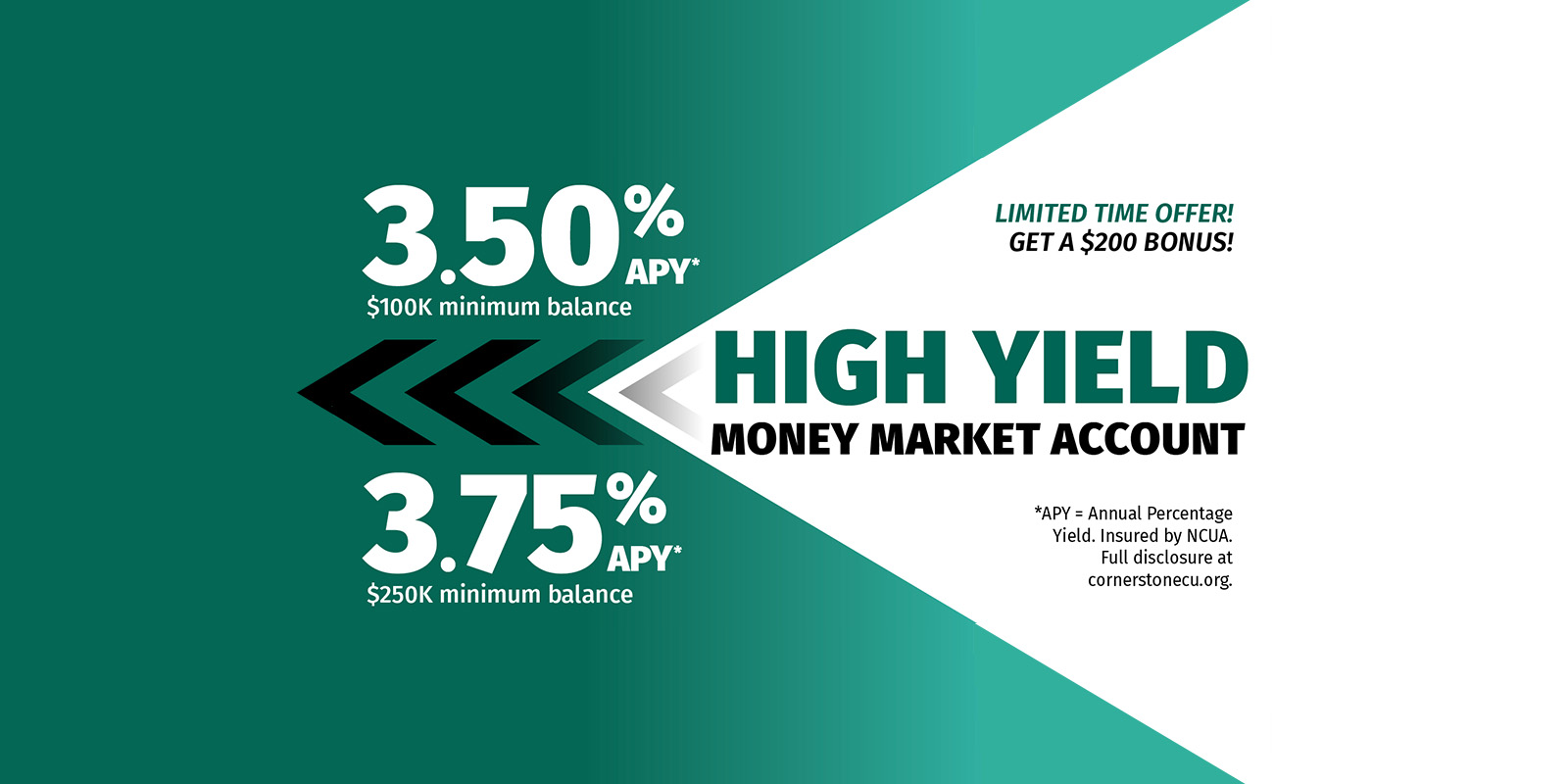 High Yield Money Market Account. 2.25% APY $100k minimum balance. 3.10% APY $500k minimum balance. Get a $200 bonus